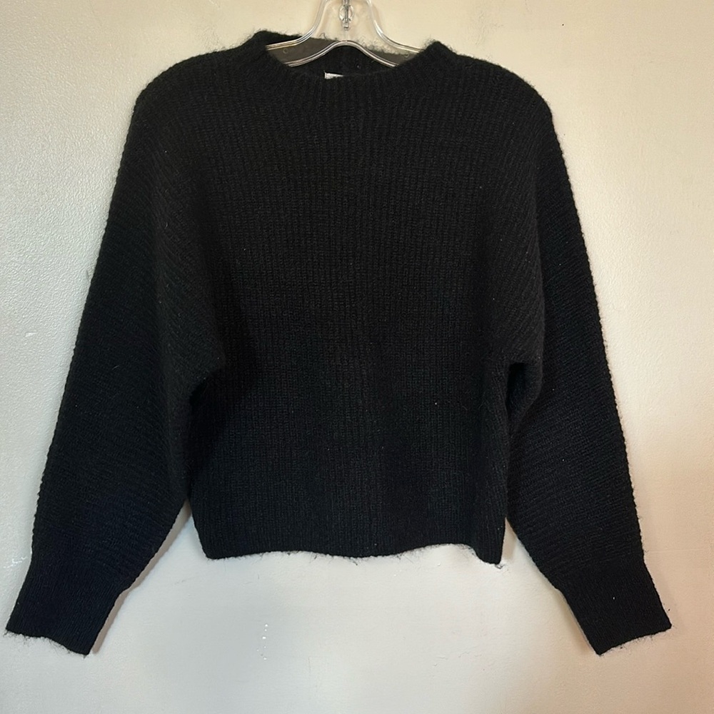 Mod Ref Wool Blend Ribbed Knit High Neck Drop Shoulder Boxy Fit Sweater in Black